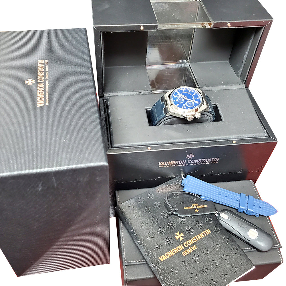 Vacheron Constantin Overseas Dual Time 42mm Blue Dial Titanium Bezel Chronograph Steel Watch 47450 Full Set