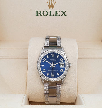 Rolex Datejust Midsize 31mm Blue Arabic Dial 3.5ct Diamond Bezel/Lugs/Bracelet Oyster Watch