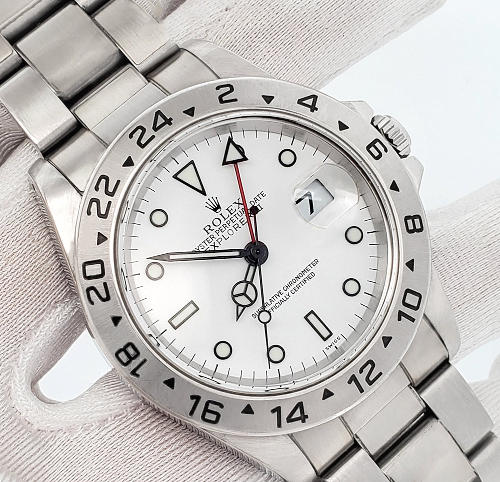 Stickered Rolex Explorer II 40mm Polar White Steel Oyster Watch 16570 Box Papers