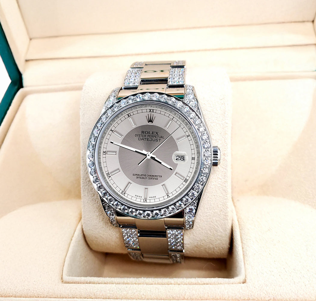 Rolex Datejust 36mm 5.9ct Diamond Bezel/Lugs/Bracelet/Silver Tuxedo Dial Steel Watch 116200 Box Papers