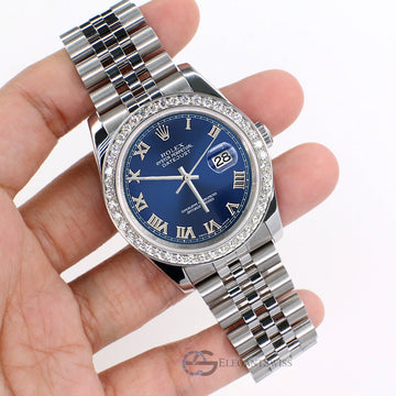 Rolex Datejust 36MM Blue Roman Dial Steel Jubilee Watch with 2CT Custom Diamond Bezel 116200