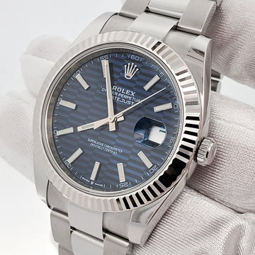 Unworn Rolex Datejust 41 126334 Blue Motif White Gold Fluted Steel Watch 2023 Box Papers