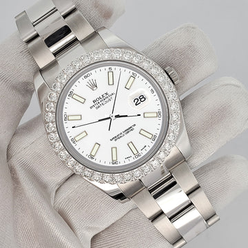 Rolex Datejust II 41mm 3.8ct Diamond Bezel/White Index Dial Steel Watch 116300 Box Papers