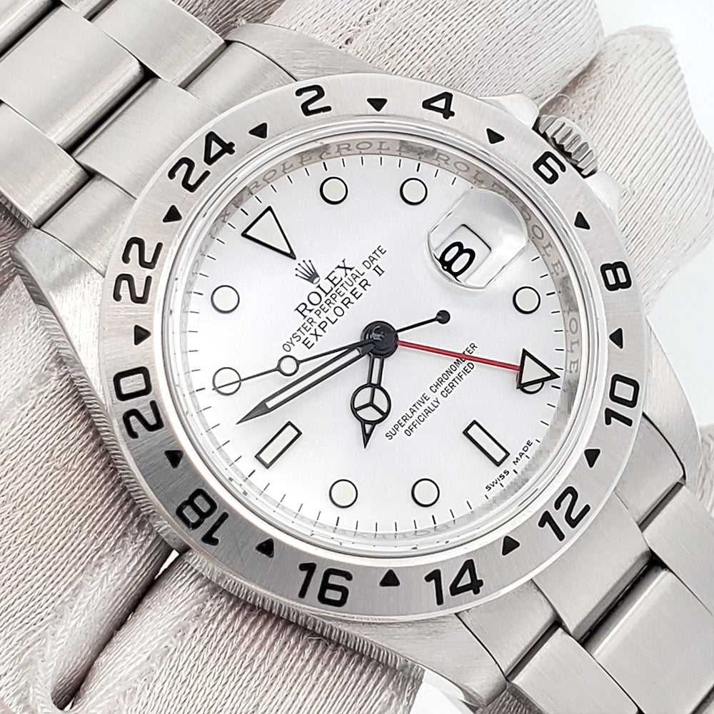 Unpolished 2011 3186 Rolex Explorer II 40mm Engraved Rehaut Polar White Steel Watch 16570 Box Papers