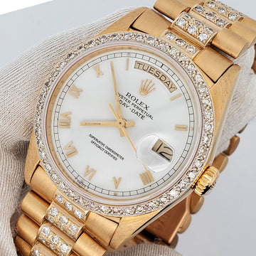 Rolex President Day-Date 36mm Diamond Bezel/Lugs/White Roman Dial Yellow Gold 18038 Watch