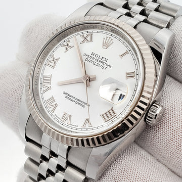 Rolex Datejust 36mm White Roman White Gold Fluted Bezel Steel Jubilee Watch 116234