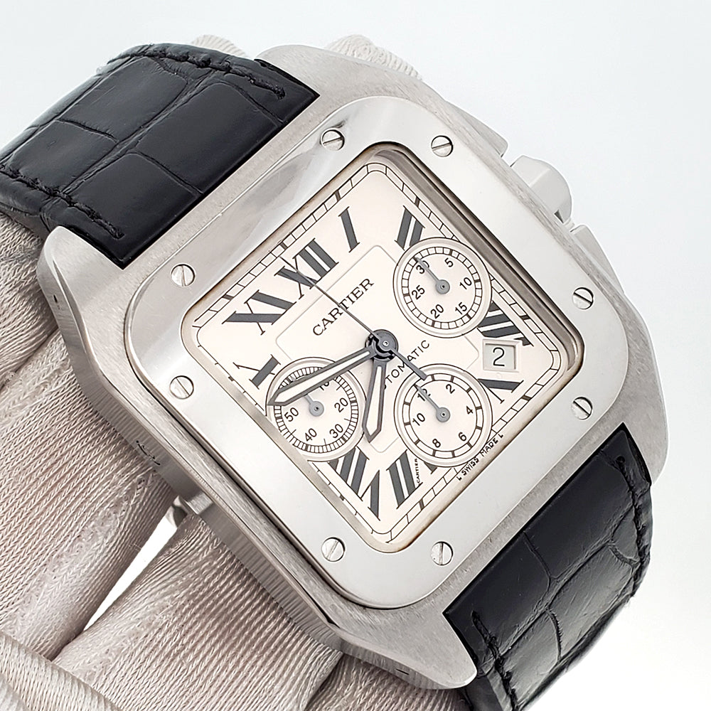 Cartier Santos 100 XL Chronograph White Roman Dial Stainless Steel Watch W20090X8 2740 Papers