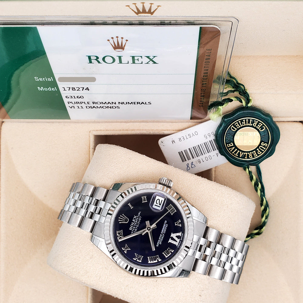 Unworn Rolex Datejust 31mm 178274 Purple Roman Dial 18k Fluted Bezel Steel Jubilee Watch Box Papers