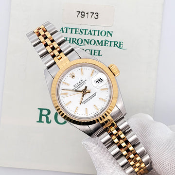 Rolex Datejust 26mm 79173 White Index Dial 2-Tone Yellow Gold Fluted Jubilee Watch Papers