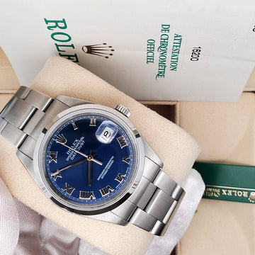 Rolex Datejust 36mm Blue Roman Dial Steel Oyster Watch 16200 Box Papers