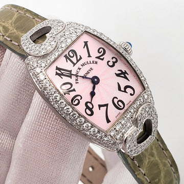 Franck Muller 18k White Gold Diamond Pink Arabic Dial Heart Design Leather Band 22mm Watch QZ 2250