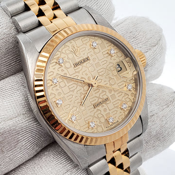 Rolex Datejust 31mm Factory Champagne Jubilee Diamond Dial Yellow Gold Fluted Bezel Watch 68273 Box Papers