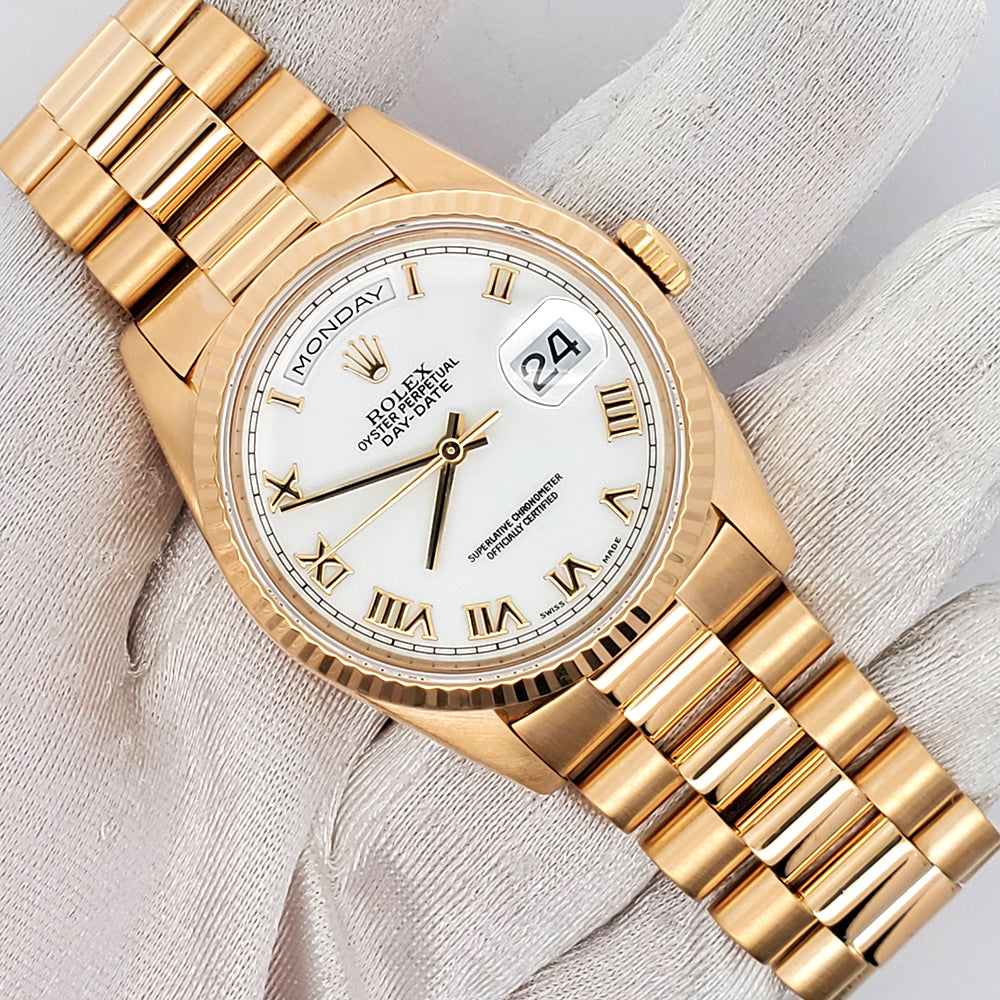 Rolex President Day-Date White Roman Double Quick 36MM Automatic Mens 18K Yellow Gold Watch 18238
