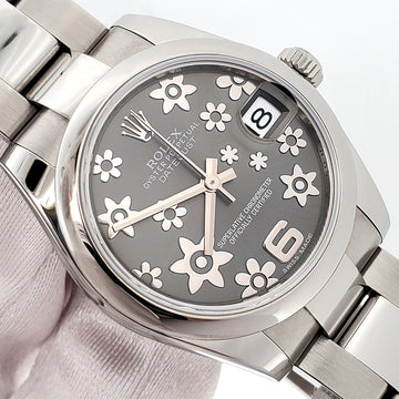 Rolex Datejust Gray Floral Motif Dial Steel Oyster Midsize 31mm Watch 178240 Box Papers