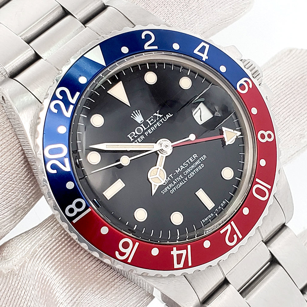 Unpolished 1985 Rolex GMT Master Pepsi Bezel Vintage Spider Dial Steel Oyster 40mm 16750 Watch Box Papers