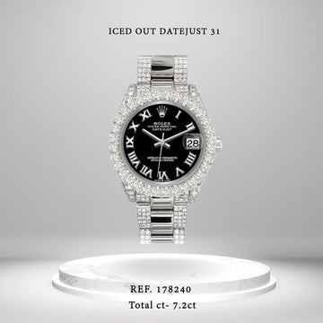 Rolex Datejust 31mm Black Roman Pave 7.2ct Iced Diamond Watch 178240