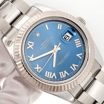 Undated Rolex Datejust II 116334 Blue Roman Dial White Gold Fluted Bezel Steel 41mm Watch Box Papers