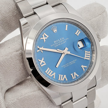 Unworn Rolex Datejust 41 126300 Blue Roman Dial Stainless Steel Oyster Watch 2023 Box Papers