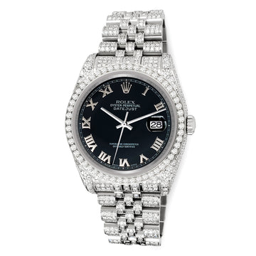 Rolex Datejust 36mm Black Roman Dial Pave 10.2ct Iced Diamond Jubilee Watch 116200 Box Papers