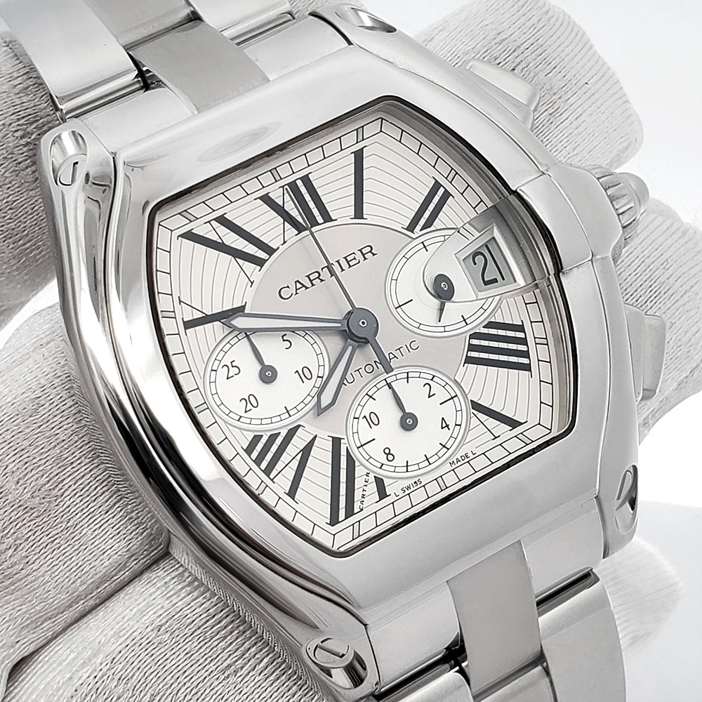 Cartier Roadster XL Chronograph 43mm Silver Roman Dial Steel Mens Watch W62020X6 2618