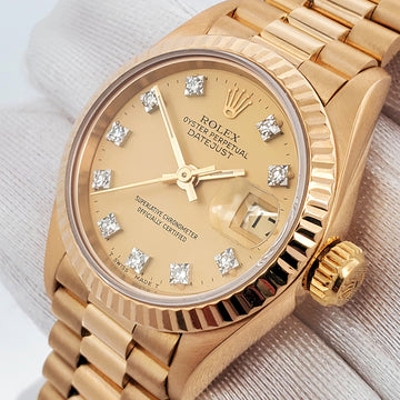 Rolex President Datejust 26mm Factory Champagne Diamond Dial Yellow Gold Watch 69178 Box Papers