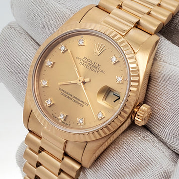 Rolex President Datejust 31mm Factory Champagne Diamond Dial Yellow Gold 68278 Watch Box Papers