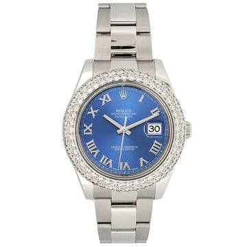Rolex Datejust II 41mm 6.25ct Dome Diamond Bezel/Blue Roman Dial Steel Watch 116300 Box Papers