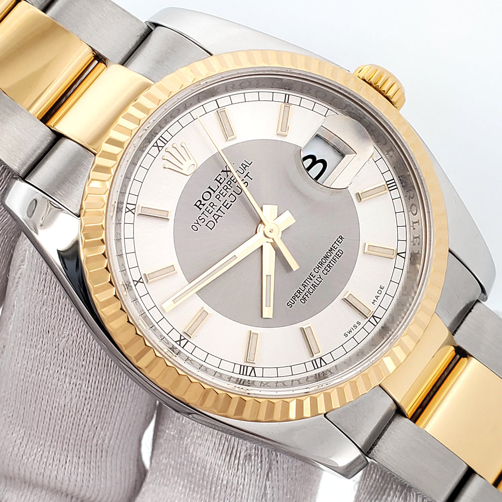 Rolex Datejust 36mm Silver Tuxedo 2-tone Yellow Gold/Steel 116233 Oyster Watch Box Papers