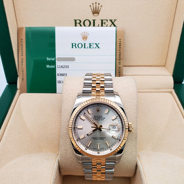 Rolex Datejust 36mm 2-Tone Yellow Gold/Steel Silver Index Fluted Jubilee Watch 116233