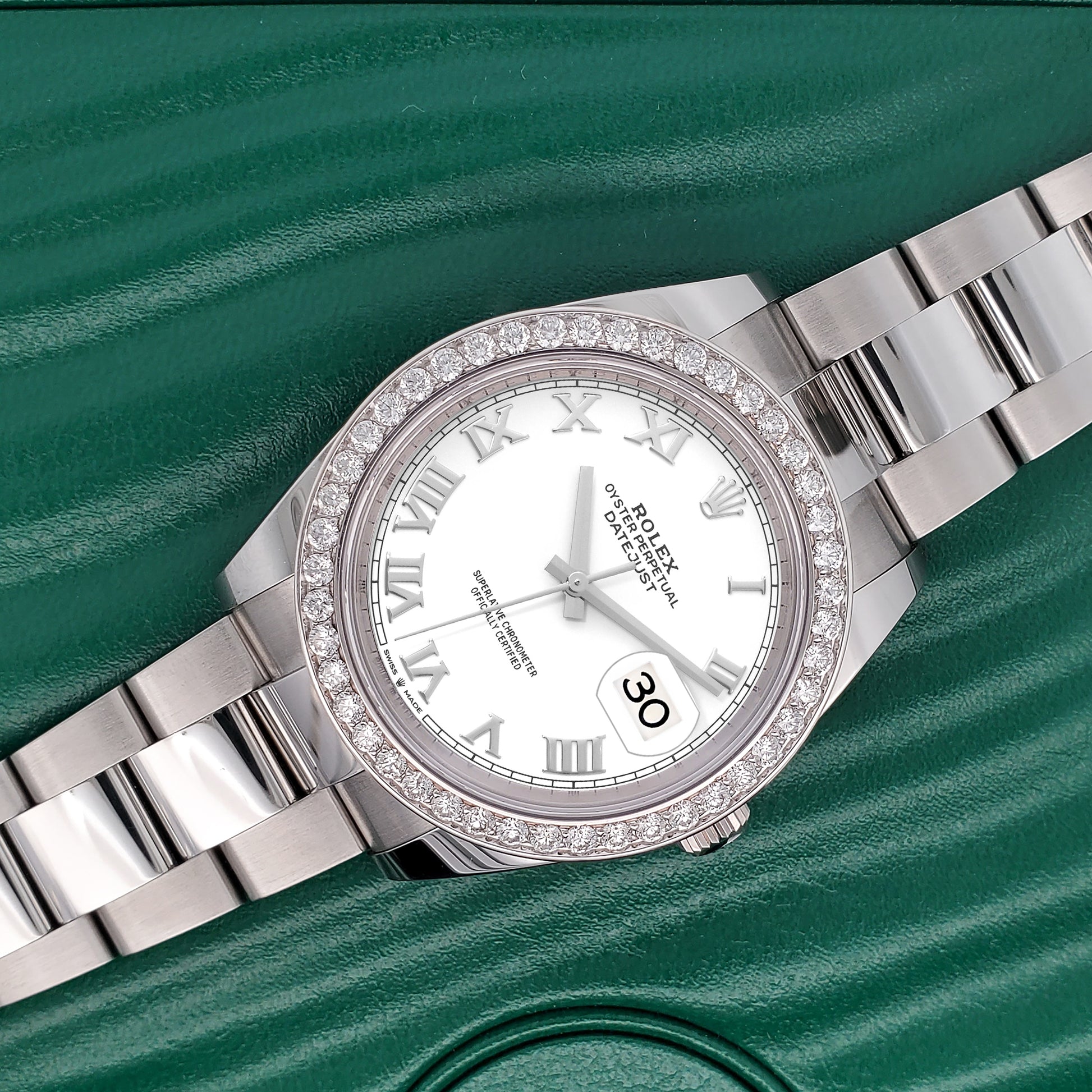 Rolex Datejust 41 126300 White Roman 2.4CT Diamond Bezel Steel Oyster Watch Box Papers