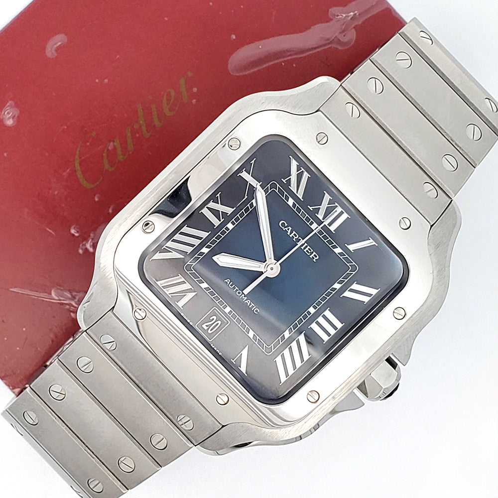 Cartier Santos XL 38mm Blue Roman Steel Watch WSSA0013 Box Papers