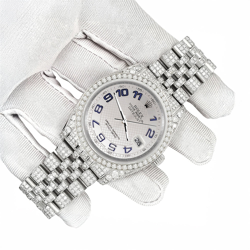 Rolex Datejust 36mm Pave 10.2ct Iced Diamond Silver Decorated Blue Arabic Dial Jubilee Watch 116200 Box Papers
