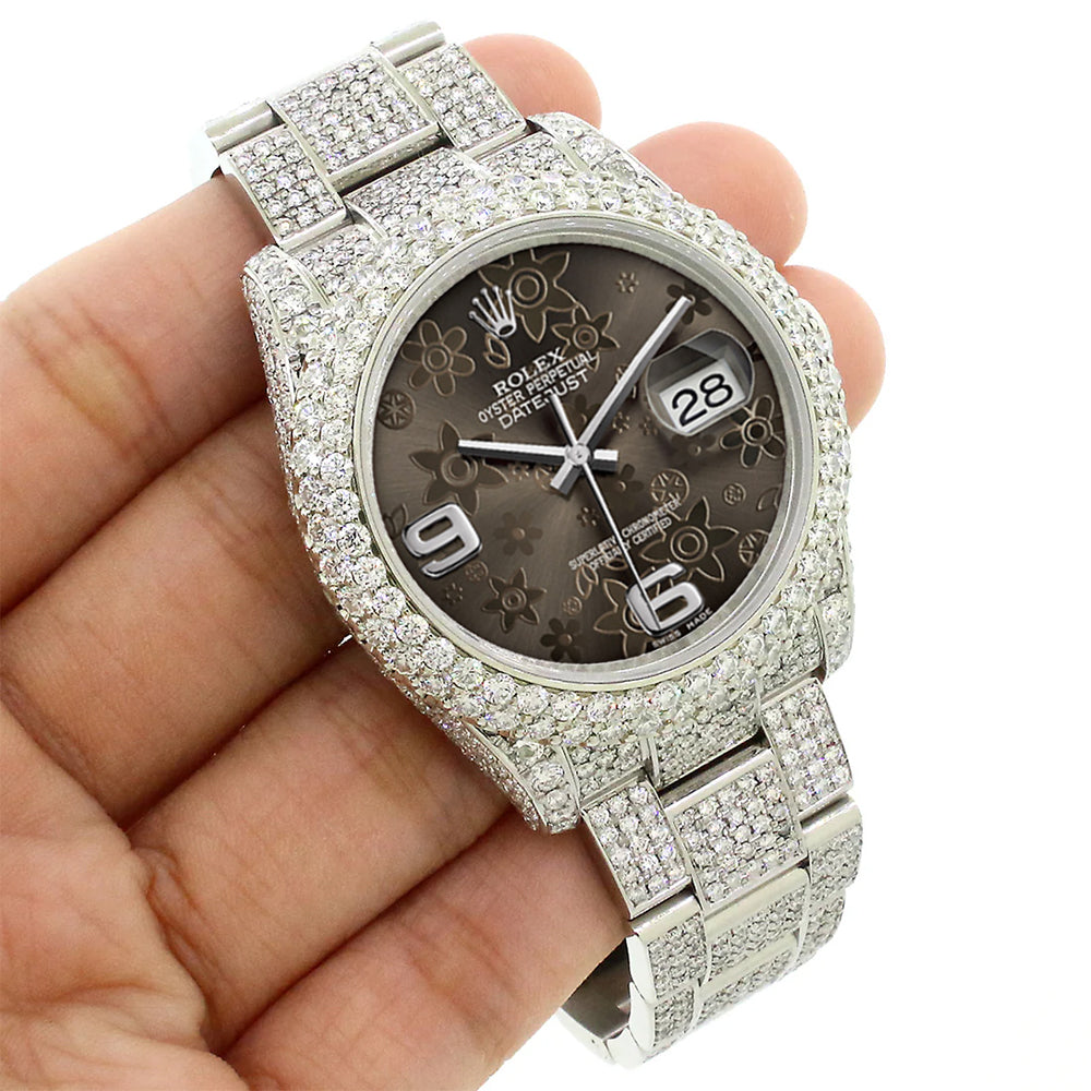 Rolex Datejust 36mm 116200 Pave 16.9CT Diamond Bezel/Case/Bracelet/Rhodium Floral Dial Watch Box Papers