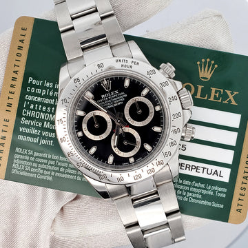 Rolex Cosmograph Daytona 40mm Black Dial Stainless Steel Watch 116520 Box Papers