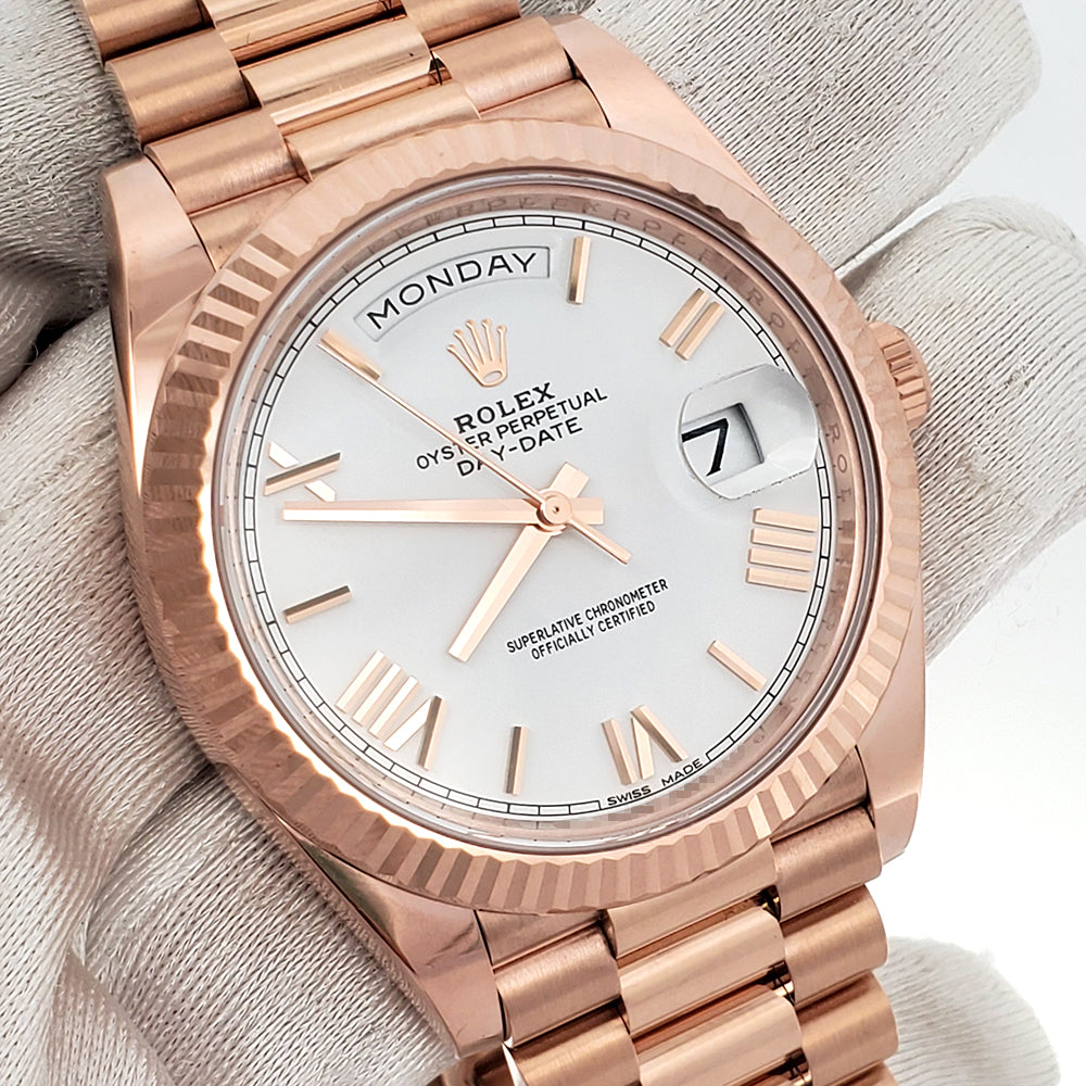 Unworn Rolex Day-Date 40mm 228235 Rose Gold White Roman Dial Watch 2022 Box Papers