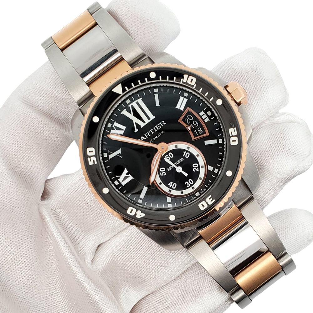 Cartier Calibre de Cartier Diver 42mm Black Roman Dial Rose Gold/Steel Watch W7100054 3729