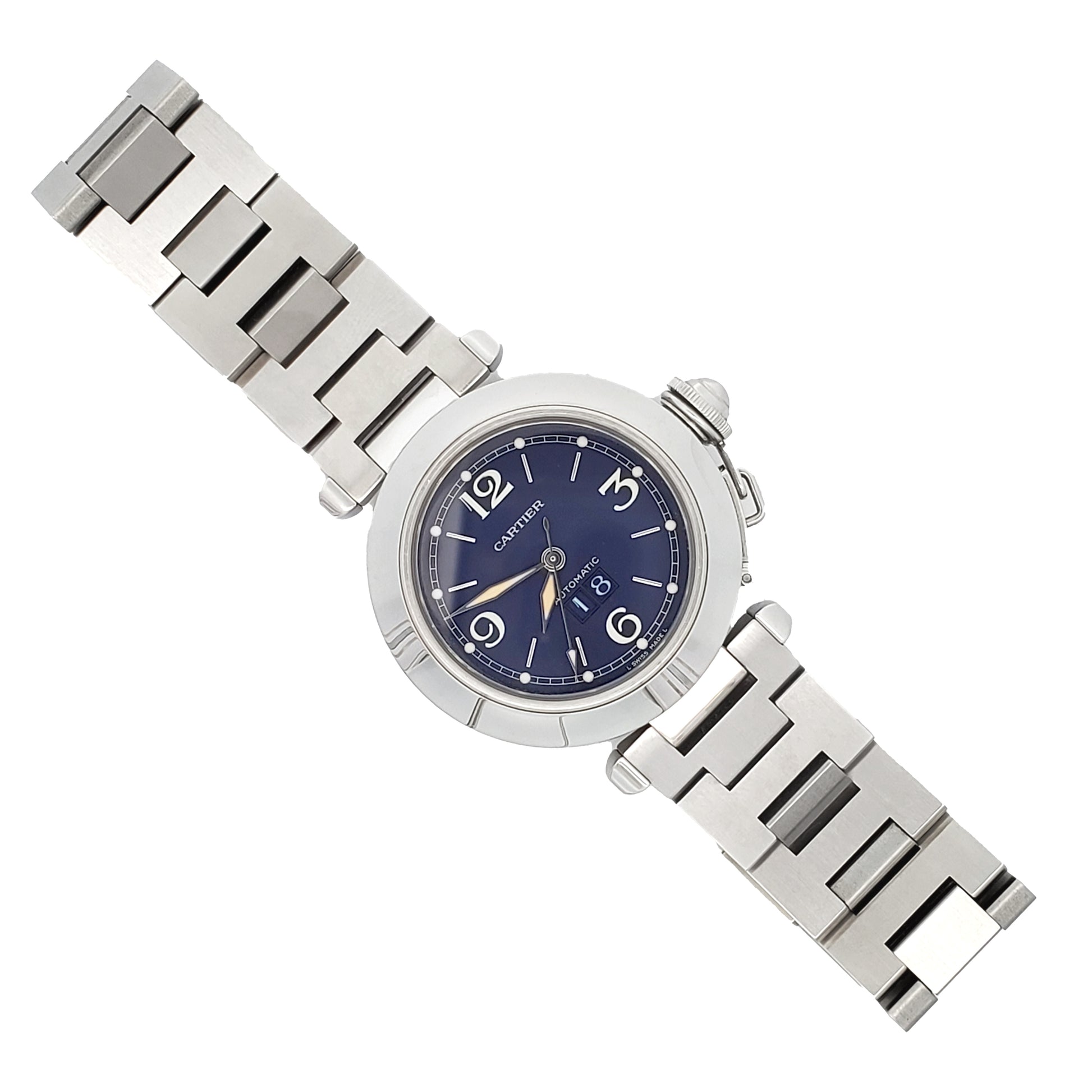 Cartier Pasha C Big Date 35mm Blue Dial Steel Watch 2475 W31047M7