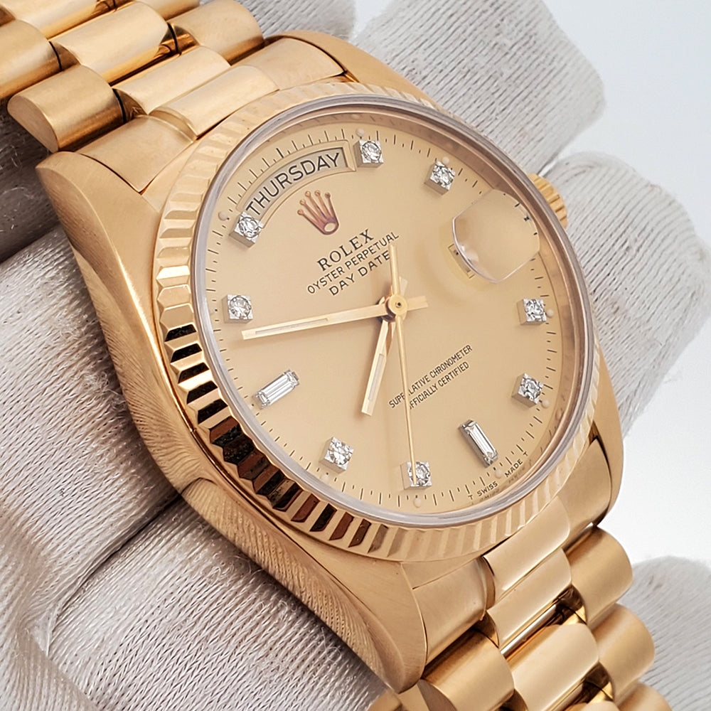 Rolex President Day-Date 36mm Factory Champagne Diamond Dial Yellow Gold Watch 18038