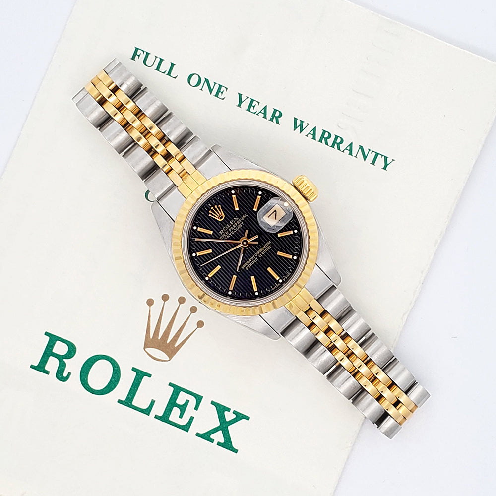 Rolex Datejust 26mm 2-Tone Yellow Gold/Steel Black Tapestry Dial Jubilee Watch 69173 Papers