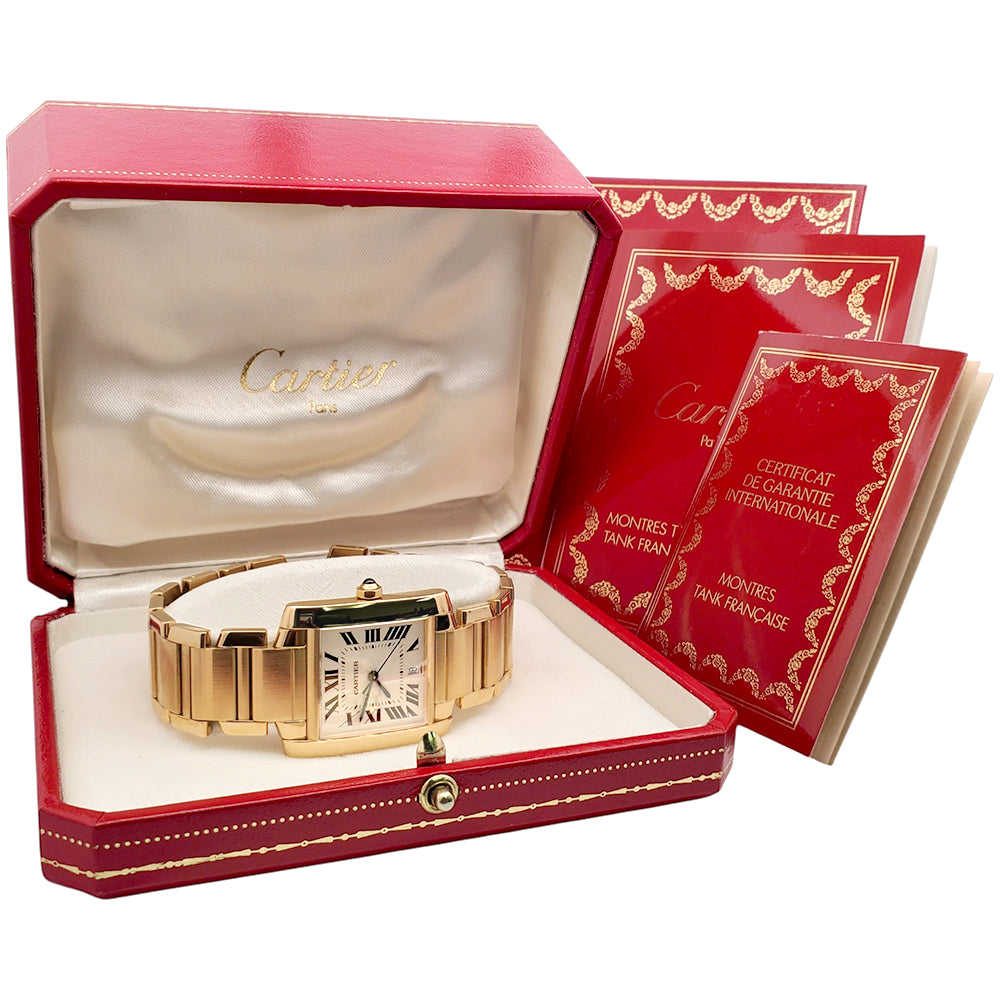 Large Cartier Tank Francaise 18k Yellow Gold Automatic 28mm Watch 1840 W50001R2 Box Papers