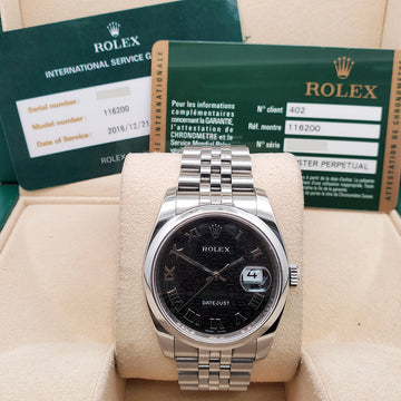 Rolex Datejust 36mm Black Jubilee Roman Dial Stainless Steel Watch 116200 Box Papers