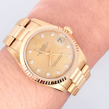 Rolex President Datejust Midsize 31mm Factory Champagne Diamond Dial Yellow Gold 68278 Watch