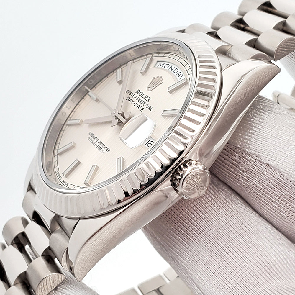 2017 Rolex President Day-Date Silver Stripe Motif Dial White Gold 40mm Watch 228239 Box Papers