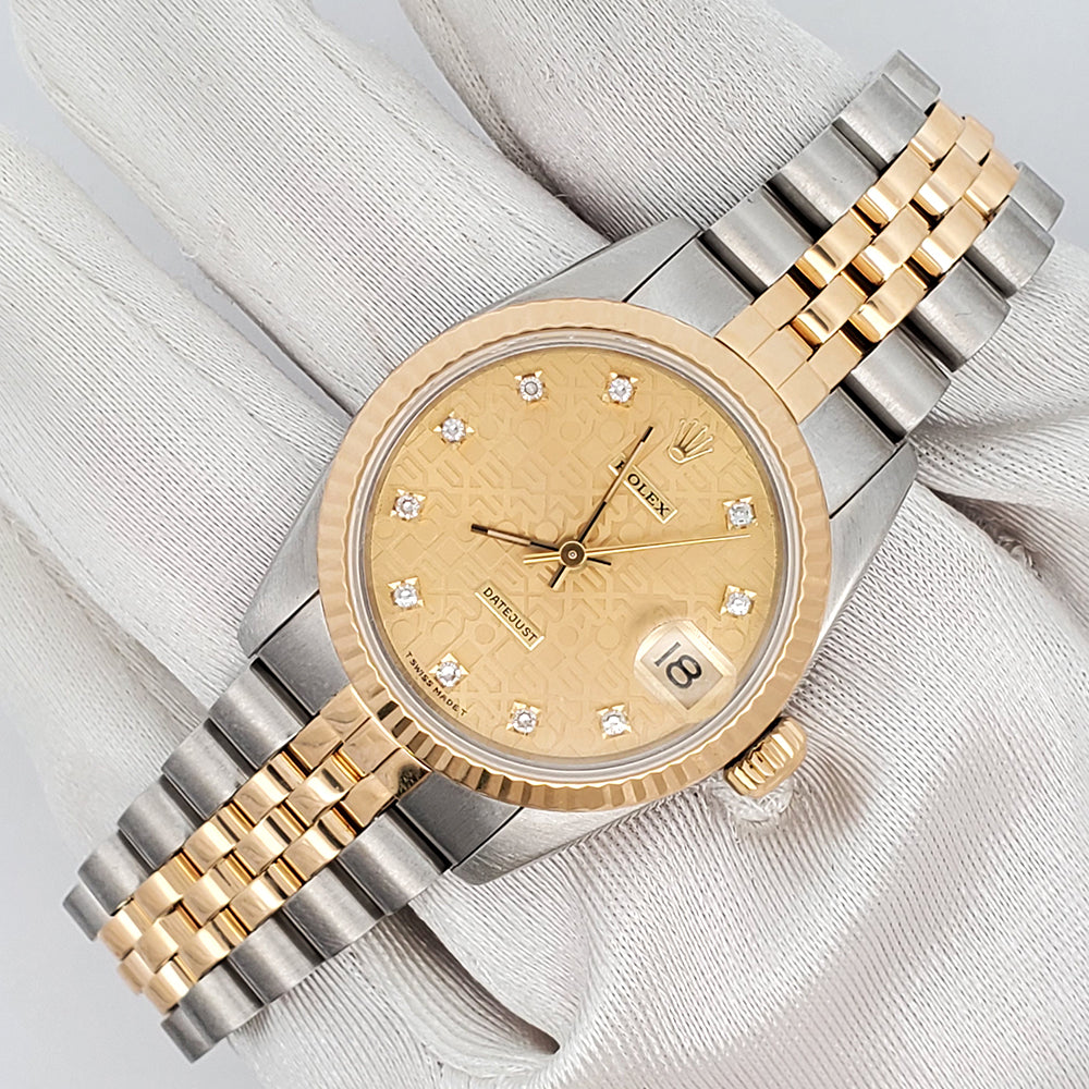 Rolex Datejust 31mm Factory Champagne Jubilee Diamond Dial Yellow Gold Fluted Bezel Watch 68273