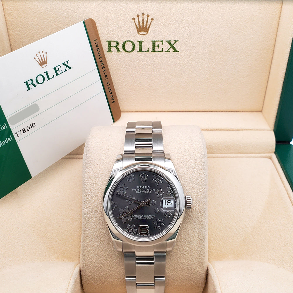Rolex Datejust Midsize 31mm Rhodium Floral Dial Steel Oyster Watch 178240 Box Papers