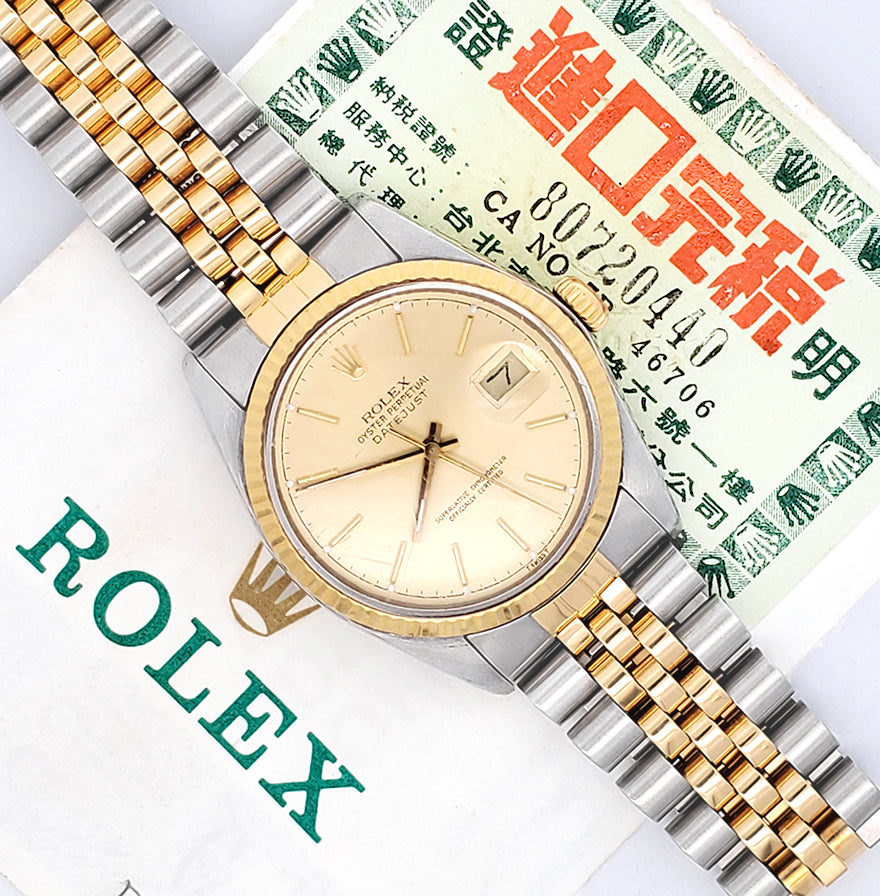 Rolex Datejust 36mm Champagne Index 2-tone Yellow Gold/Steel Jubilee 16013 Watch Papers