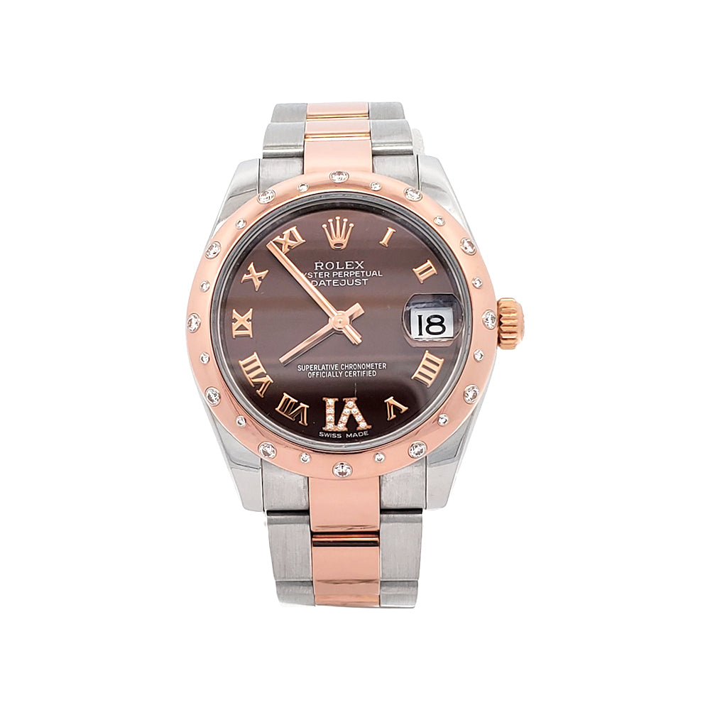 Rolex Datejust 31mm 2-tone Rose Gold/Steel Factory Scattered Diamond Bezel Chocolate VI Roman Watch 178341