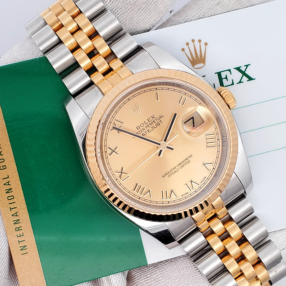 Rolex Datejust 36mm 116233 2-Tone Champagne Roman Dial Jubilee Watch Box Papers