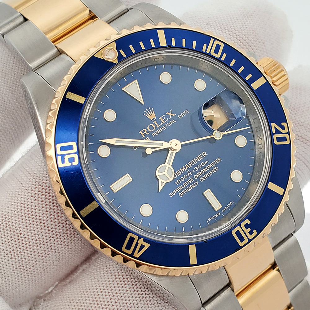 Rolex Submariner Date Engraved Rehaut 40mm Blue 2-tone Yellow Gold/Steel Watch 16613 Box Papers