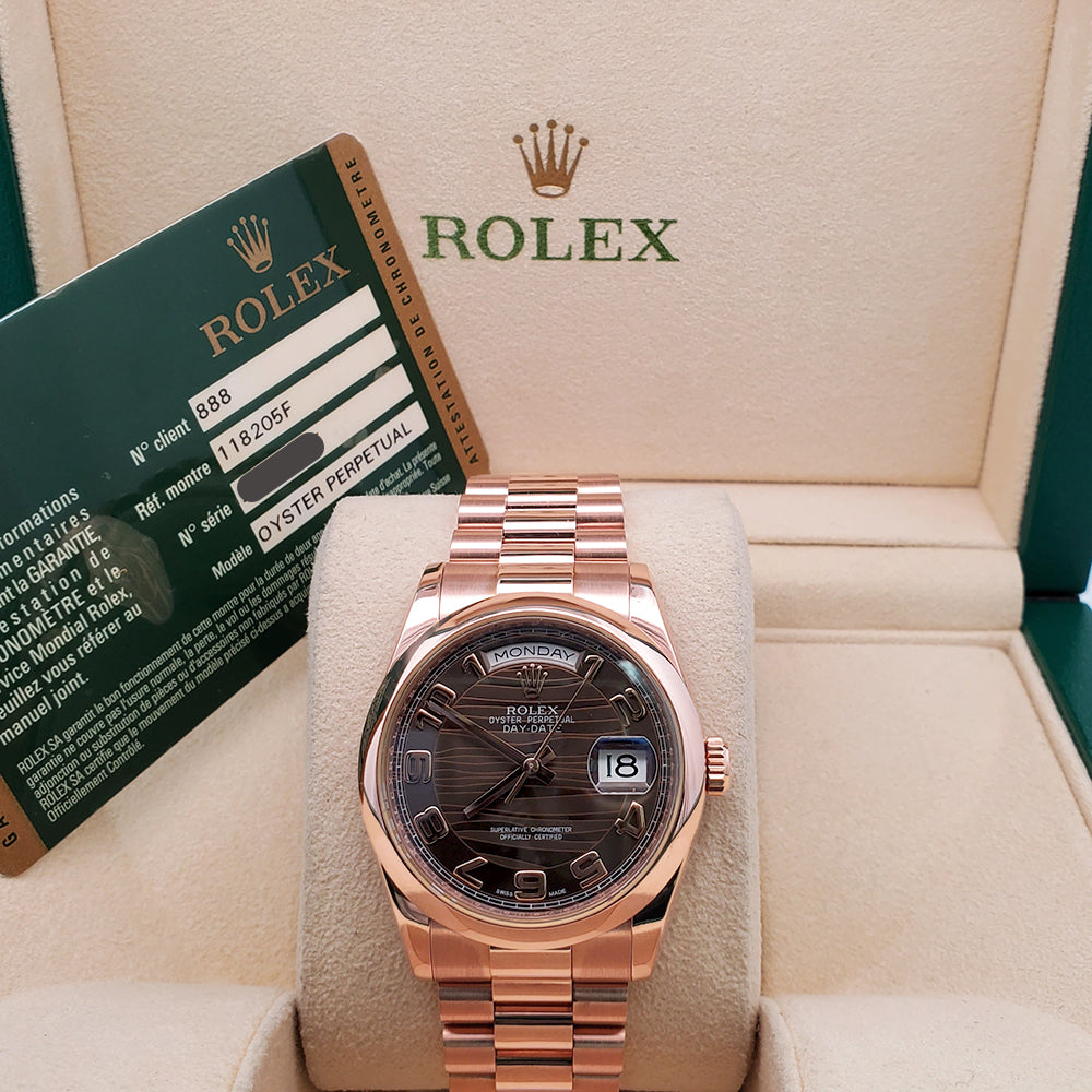 Rolex President Day-Date Chocolate Wave Arabic Dial Rose Gold 36mm Watch 118205 Box Papers